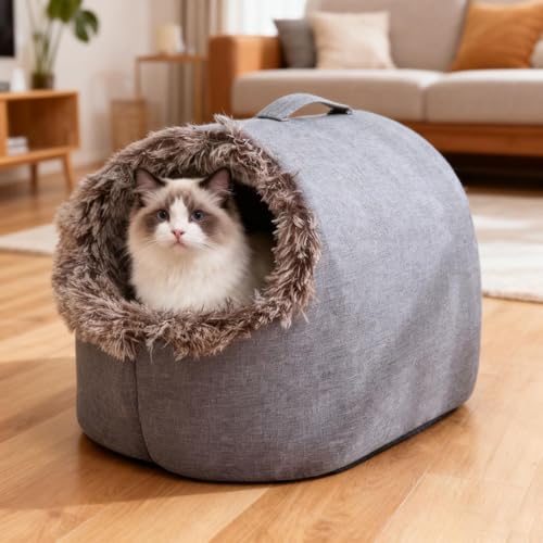 Portable Warm Cat Cave Bed, Soft Plush Hooded Pet Calming Nest for Small Cats, Cat Sleep Bag for Indoor Cats, Washable Removable Inner Cushion for Winter Pets Under 20lbs (Gray A, Large) - color: Gray A, size: Large
