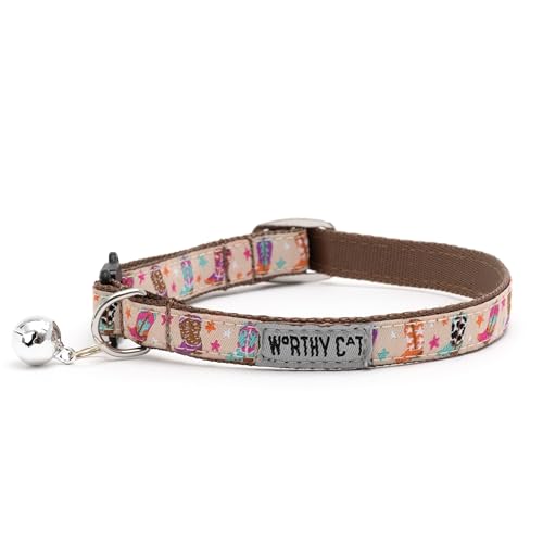 THE WORTHY DOG Wild Wild West Cat Collar with Bell, Adjustable Nylon Safety Collar, Beige, One Size - color: Beige-wild Wild West