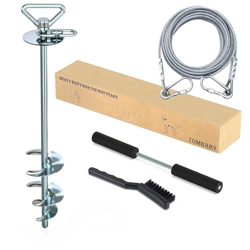 TOMBABY Dog Tie Out Cable and Stake,with 20FT Heavy Duty Cable,360° Swivel Dog Anchor& Anti-Tangle,Dog Runner for Yard,Dog Stake Allows Dogs Up to 210 lbs, Dog Stakes for Outside Beach,Camping, Yard - color: 17''silver+20FT