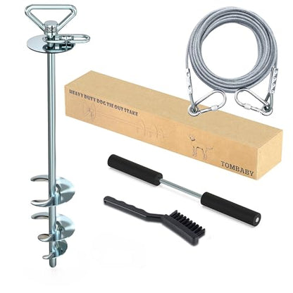 TOMBABY Dog Tie Out Cable and Stake,with 30FT Heavy Duty Cable,360° Swivel Dog Anchor& Anti-Tangle,Dog Runner for Yard,Dog Stake Allows Dogs Up to 210 lbs, Dog Stakes for Outside Beach,Camping, Yard - color: 17''silver+30FT
