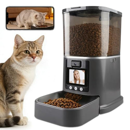 5L Automatic Cat Feeder with Camera, Two-Way Video 3MP HD & Audio, 5G WiFi Automatic Dog Feeder with Night Vision, Cat Food Dispenser with Dog Food Container for Multiple Pets (Grey, 5L) - color: Grey