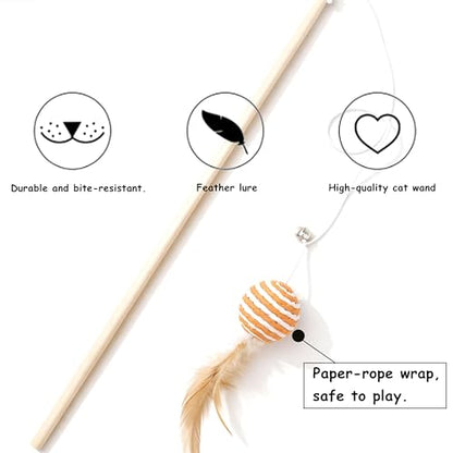 Cat Toy Wand 4-Pack – Interactive Cat Fishing Pole Toys with Wood Rod & Cotton Rope, Blue Beige Orange Variety