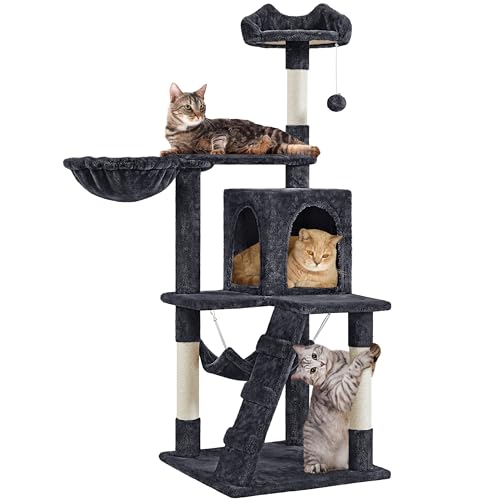 Yaheetech 54in Cat Tree Tower, Multi-Level Activity Center with Scratching Posts, Cozy Condo, Climbing Ladder & Hammock, Pet Play House for Kittens & Small Cats, Black - color: Black