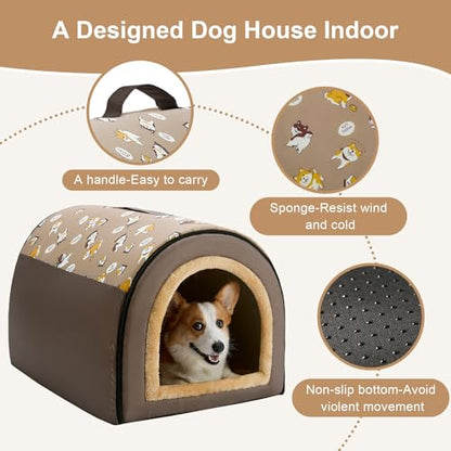 Jiupety Indoor Dog House, 2-in-1 Portable Foldable House Bed with Cover, Pet Tent & Cave Bed for Medium Dogs, XL(28"×21"×19"), Up to 40 Lb, Brown - style: XL