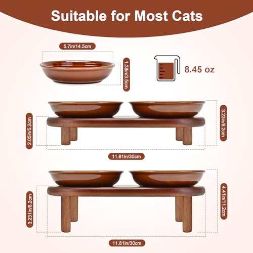 SPUNKYJUNKY Shallow Elevated Cat Bowl with Acacia Wood Stand Wide Raised Ceramic Cat Dishes Whisker Friendly Pet Food and Water Plates (Striped Pattern, Brown) - color: Brown