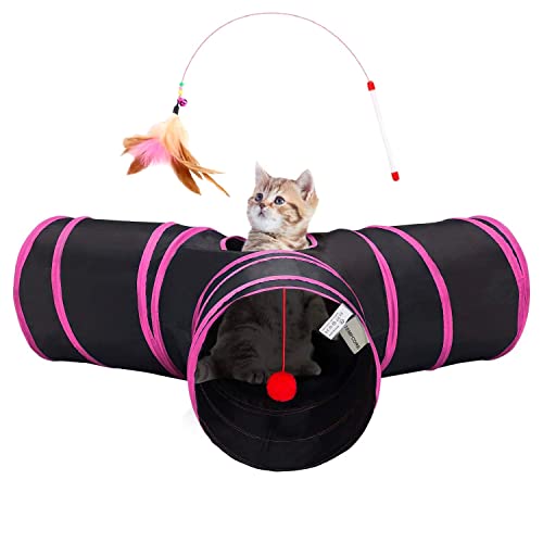 Tempcore Pet Tube Toys 3 Way Collapsible, Cat Tunnels for Indoor Cats，Kitty Bored Pet Toys with Peek Hole & Ball Cat, Puppy, Kitty, Kitten, Rabbit, Rose Red - color: 3-Way Rose Red, size: 3-way