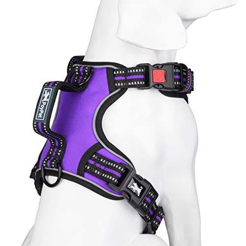 PoyPet No Pull Dog Harness, No Choke Front Clip Reflective Dog Vest with Soft Padded Vertical Handle, 3 Leash Attachments for Small Medium Large Dogs (Purple,L) - color: Purple, size: Large