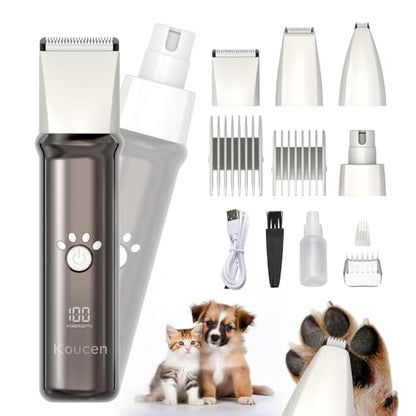 4 in 1 Dog Grooming Kit with LED Display, Dog Grooming Clippers with 4 Guide Combs, Rechargeable Low Noise Cat Hair Trimmer, Pet Paw Trimmer for Cat Dogs Paws Face Ears