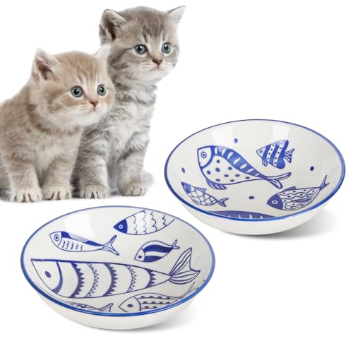 HAPPY KIT 2Pcs Wide Shallow Cat Bowls,8.5oz Colorful Plate Set with Non-Slip Mat,5.7 inch Indoor Ceramic Cats Dish/Dishes Relief of Whisker Fatigue - Microwave and Dishwasher Safe - color: fish