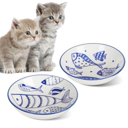 HAPPY KIT 2Pcs Wide Shallow Cat Bowls,8.5oz Colorful Plate Set with Non-Slip Mat,5.7 inch Indoor Ceramic Cats Dish/Dishes Relief of Whisker Fatigue - Microwave and Dishwasher Safe - color: fish