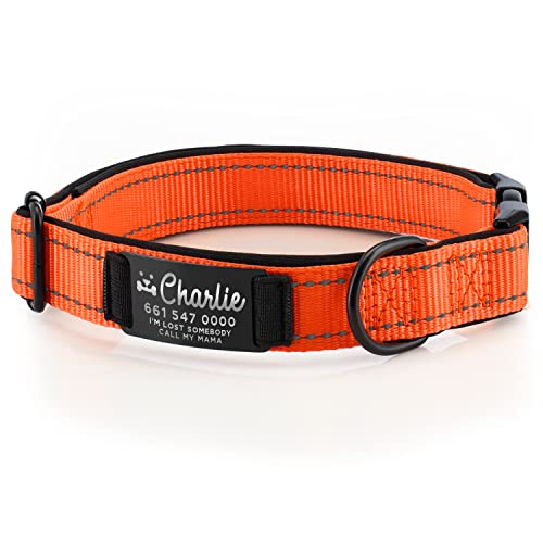 Improved - Personalized Dog Collars w/Engraved Metal ID Nameplate for Name & 3 Lines Text - Custom 20 Icons, 4 Adjustable Sizes, 10 Fonts, Dog Collar for Large Dogs, Dog ID Tag Personalized, Orange - color: Orange