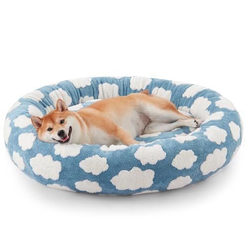 JOEJOY Donut Dog Bed Medium Size Dog, Cute Round Calming Pet Bed with Removable Washable Cover, Orthopedic Puppy Bed with Jacquard Shaggy Plush & Non Skid Bottom - color: Blue, size: M (30x30x8)