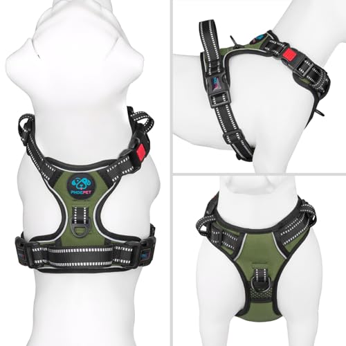 PHOEPET No Pull Dog Harness with Handle Front & Back Clip, Easy on Lockable Snap Buckle at Neck, Adjustable Reflective Vest with Handle for Small Medium Large Dogs (S, Misty Green) - color: Misty Green, size: Small