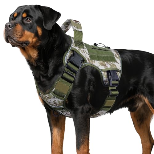 WINGOIN Tactical Dog Harness for Large Dogs, Heavy Duty No Pull Dog Harness with Handle, Adjustable Reflective Military K9 Big Pet Vest for Husky, Doberman, Walking, Hunting, Green Camo (XL) - color: Green&Camo, size: XL: 70-120 lbs (Chest:29-39",Neck:21-