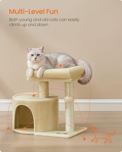 Feandrea Cat Tree, Small Cat Tower with Sisal Scratching Post, Plush Condo with Padded Perch, for Small Spaces, Kittens, Sand Beige UPCT050LF01 - color: Sand Beige