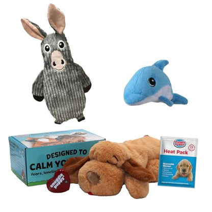 Snuggle Puppy Original, Dog Toy with Calming Heartbeat, Soothing Plush Companion Reduces Pet Anxiety, Includes Heat Pack & Batteries + 2 Tender-Tuff Dog Toys, Squeaker & Crinkle Toy - color: Biscuit Bundle 2