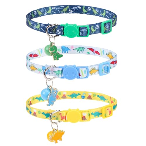 Breakaway Cat Collars with Bell & Cute Pendants, 3 Pack Safety Buckle Kitten Collars, Adjustable Pet Collar Ideal for Girl Boy Cats Puppy (Style A - Dinosaur) - color: Style A - Dinosaur