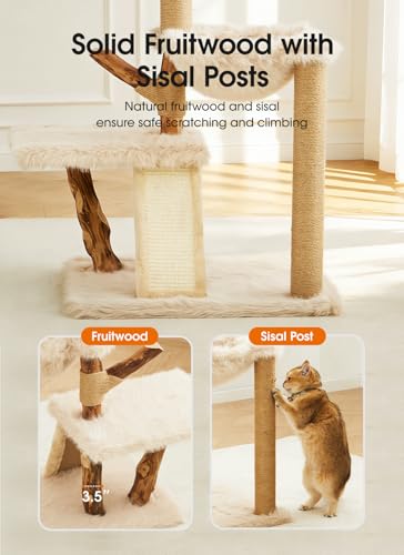 Letkind 38" Modern Cat Tree Tower for Large Indoor Cats, Perches-Natural Solid Wood Cat Tower with Sisal Scratching Post, Perches, Basket & Scratching Post, Aesthetic Boho Cat Furniture - size: 38" Wood Cat tree