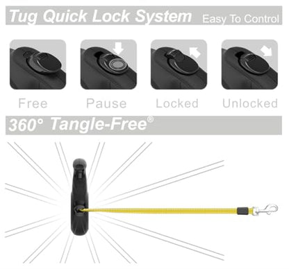 TUG 360° Tangle-Free Reflective Retractable Dog Leash | 16 ft Strong Nylon Tape (Medium) - color: Black/Reflective, size: Medium, 16 ft