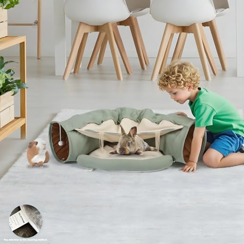 VelvetPaw 2-in-1 Foldable Matcha Bunny Tunnel & Pet Cushion Bed | Collapsible Hideout Toy with Removable Washable Soft Pad | Ideal for Rabbits, Bunnies & Kittens - Indoor Rest, Exercise & Play - color: Matcha