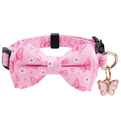2 Pack Cotton Cat Collar with Bow Tie and Bell for Girl Boy Cats,Cute Pink Flamingo and Blue Whale Pattern Spring Summer Breakaway Cat Collar for Male Female Cats (Butterfly&Violet) - color: Butterfly&Violet