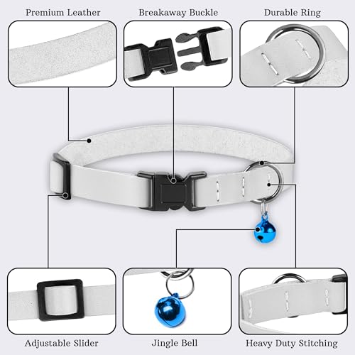 Breakaway Cat Collar with Bell - Leather Adjustable Kitten Collars with Safety Quick Release Buckle - Soft Small Pet Collars for Girl & Boy Cats (White) - color: White