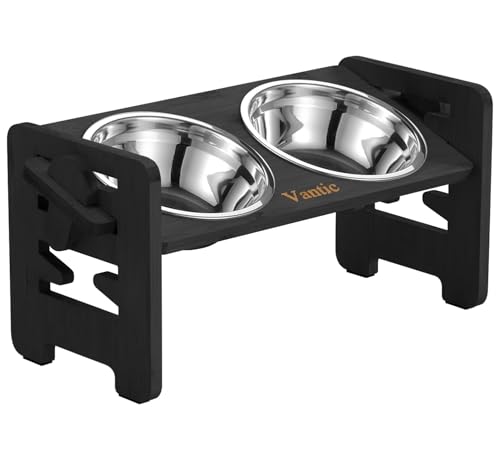 Vantic Elevated Dog Bowls, Adjustable Raised Dog Bowl Stand for Small Puppy and Cats, Sturdy Bamboo Pet Food Feeder with 2 Stainless Steel Dishes, Black - color: Black, size: for Small Dogs and Cats