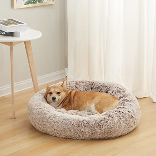 Bedfolks Calming Donut Dog Bed - 30" Round Plush for Medium Dogs, Anti-Anxiety, Machine Washable (Brown, Medium) - color: Brown, size: 30.0"L x 30.0"W x 8.0"Th