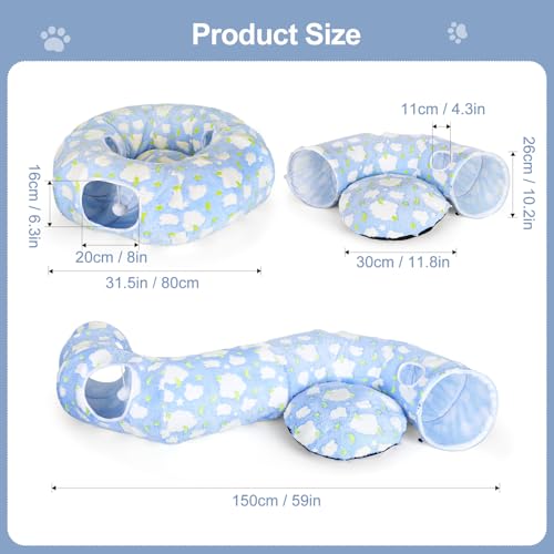 Cat Tunnel Bed, Foldable Cat Donut Tunnel with Removable Cushion, Toy Ball & Social Windows, Stress Relief Fun, Round Pet Play Tunnel for Indoor Cats, Kittens and Small Pets (3D Cloud Pattern)