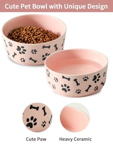 UBEE Ceramic Dog Bowl Set of 2, 6.5 inch Dog Food Bowl Dish with Bone Paw Pattern, Pet Food Water Dish Feeding for Small and Meidum Dogs and Large Cat, Pink - color: Pink-dog paw, size: 6.5 inch x 2