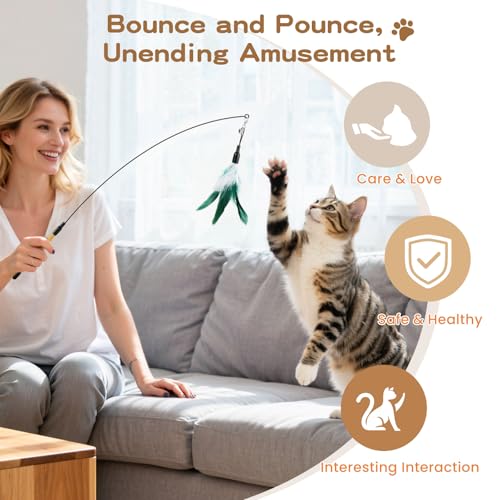 Pawaboo Feather Teaser Cat Toy, Interactive Wands Cats Toy Flying Feathers Cat Catcher with Extra Long 34.5" Wand and Small Bell, Playing Toys, 1 Wand + 10 Feathers, Multi-Color Feather Blend - color: Z-Mixed Color-10 Pack