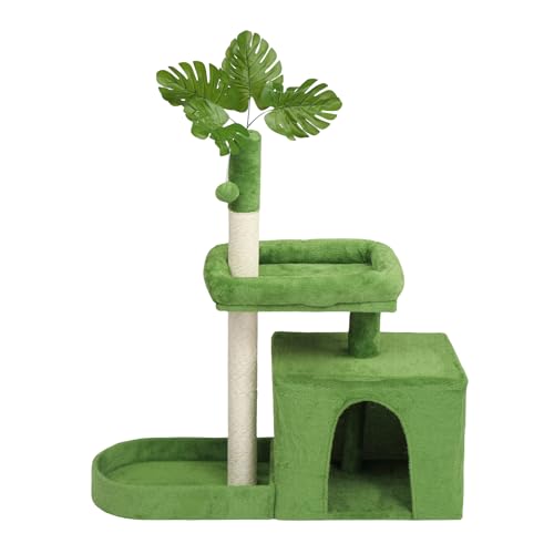 36in Cat Tree with Leaves, Multi-Level Cat Tower with Scratching Post, Cozy Condo & Padded Perch, Dangling Ball for Kittens and Indoor Cats, Compact Cat Furniture for Small Spaces, Green
