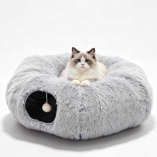 Cat Tunnels for Indoor Cats, Cute Donut Tunnel Toys for Small Large Cats with Washable Circle Cushion，3-in-1 Foldable Playground & Cozy Cave Bed for Kittens, Puppy, Rabbits, Ferret, Grey - color: Gray