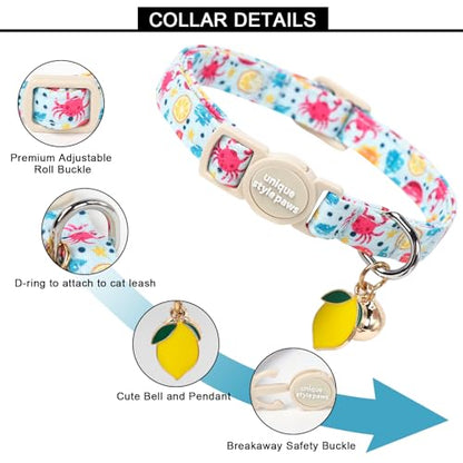 Unique style paws 2 Pack Spring Summer Kitten Collar Breakaway with Bell&Pendant, Adjustable Safety Blue Lemon Dinosaur Cat Cotton Collar for Girl Boy Cat and Small Pet - color: Lemon Dinosaur