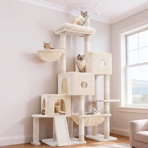 Hey-brother Cat Tree Tower, Scratching Posts with 3 Condos, Large Basket, Cozy Bed, Sisal Board, Step-by-Step Climbing Pathway and Toys, 74.8 inches Furniture for Big Indoor Cats, Beige MPJ081M - color: Beige, size: 74.8 inches