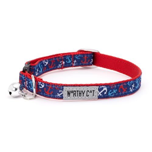 THE WORTHY DOG Patterned Anchors Ahoy Cat Collar with Bell, Adjustable Nylon Safety Collar, Red/White/Blue, One Size - color: Red/White/Blue-Anchors Ahoy