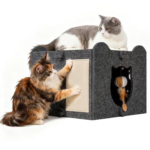 Yesday Detachable Felt Cat Bed Condo Shelter House for Indoor Use, Durable and Warm Flannel, Cozy Shelter with Built-in Scratching Board and Bonus Cat Toys (Black) - color: Black