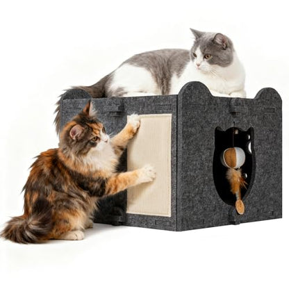 Yesday Detachable Felt Cat Bed Condo Shelter House for Indoor Use, Durable and Warm Flannel, Cozy Shelter with Built-in Scratching Board and Bonus Cat Toys (Black) - color: Black