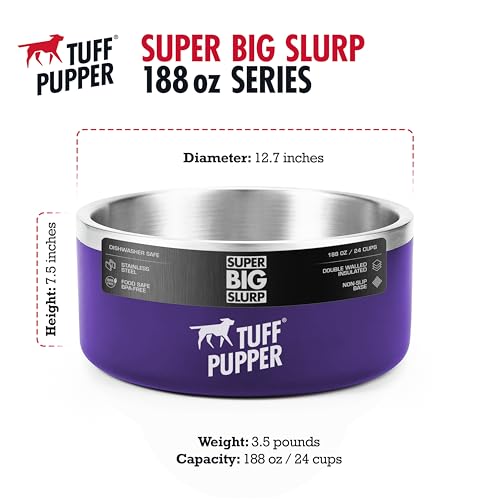 Tuff Pupper Heavy Duty Insulated Dog Bowl | Double Wall Stainless Steel Dog Food Dish | Non-Slip Spill Proof Dishwasher Safe Cat Bowl | Water Dish for Feeding Large Medium Small Pets (188oz, Purple) - color: Royal Purple, size: 188oz