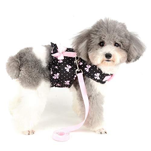 Zunea No Pull Small Dog Girl Harness Dress Escape Proof Cat Kitten Vest Harness Leash Set Step-in Soft Cotton Padded Polka Dot Jacket Chihuahua Puppy Clothes with Cute Bow for Walking Black M - color: black bows, size: M (Chest:16.9-17.7", Neck:10.6-11.4"