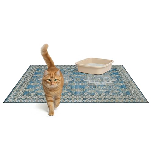 Lovewag Pets Cat Litter Box Mats 2 Pack - Large 36x48 Machine Washable, Easy Clean, Non-Slip, Waterproof Mats for Indoor Cats - Kitty Litter Mess Control & Pet Urine Floor Protection - (Blue Mesa) - color: Blue Mesa, size: 36x48 inches (Pack of 2)