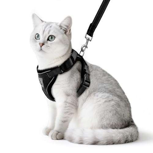 PUPTECK Cat Harness and Leash Set Escape Proof Reflective Cat Walking Harness Adjustable Soft Breathable Mesh Vest for Small Pets, Black, S - color: Black, size: S (NECK 9.5"-11", CHEST 13"-16")