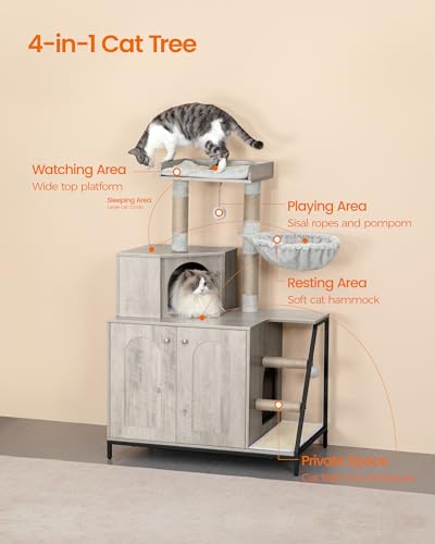 Hzuaneri Cat Litter Box Enclosure with Cat Tree, 4-in-1 Modern Cats House with Large Platform, Cats Condo with Sisal Scratching Mat, Posts, Stairs and Pompom, Washable Cushions, Greige CB81005B - color: Greige