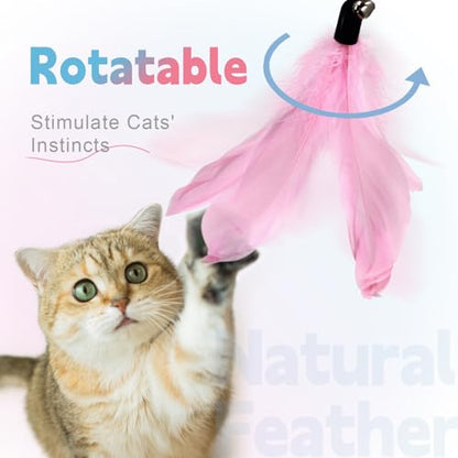 Cat Wand Toys for Indoor Cats - Cat Toy Set with Retractable Teaser Wand and 6 PCS Fairy Feather Toy Refills, Butterfly Tassel Plush Cat Toys Interactive, Pink - color: Pink