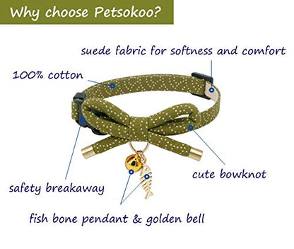 Cute Bowtie Cat Collar with Bell. Japanese Stylish Bowknot & Fish Charm. Safety Breakaway, Soft, Lightweight, for Girl Boy Male Female Cats Kitten,Green - color: Tea Green, size: Small (6-9.5 inches)