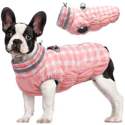 FUAMEY Dog Coat for Small Dogs,Waterproof Dog Winter Jacket with Harness Built in Puppy Cold Weather Coats Reflective Pet Vest with Zipper Warm Fleece Dogs Snowsuit Windproof Pink Plaid XS - color: Pink Plaid, size: XS(chest:14in)