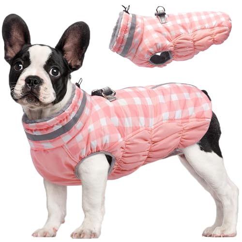 FUAMEY Dog Coat for Small Dogs,Waterproof Dog Winter Jacket with Harness Built in Puppy Cold Weather Coats Reflective Pet Vest with Zipper Warm Fleece Dogs Snowsuit Windproof Pink Plaid XS - color: Pink Plaid, size: XS(chest:14in)