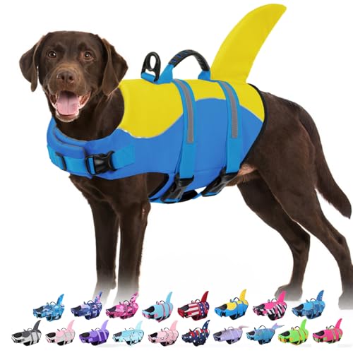 Dog Life Jacket - Shark Life Vest for Swimming Boating - Reflective Lifejacket Swimsuit for Small Medium Large Dogs - High Buoyancy Lifesaver Preserver with Rescue Handle, Blue Yellow XS - color: Blue Yellow Shark, size: X-Small