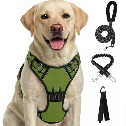 Plaid Dog Harness for Medium Dogs, Reflective No Pull Adjustable Pet Vest with Front Clip, Leash, Easy Control Handle and Seat Belt, Army Green, M - color: Army-Green, size: Medium