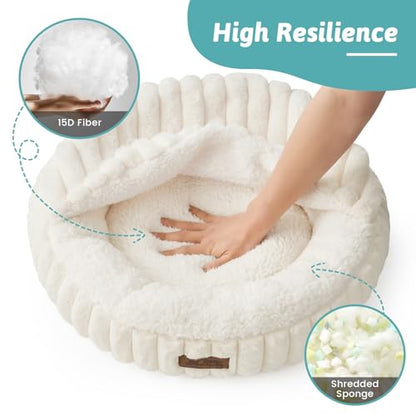 Small Dog Bed with Hooded Blanket, Round Fluffy Anti-Anxiety Pet Bed for Small Dogs & Medium Dogs, Cozy Donut Cuddler with Machine Washable Faux Fur & Anti-Slip Bottom(26"×26"×7",Cream) - color: Cream, size: 26"×26"×7"